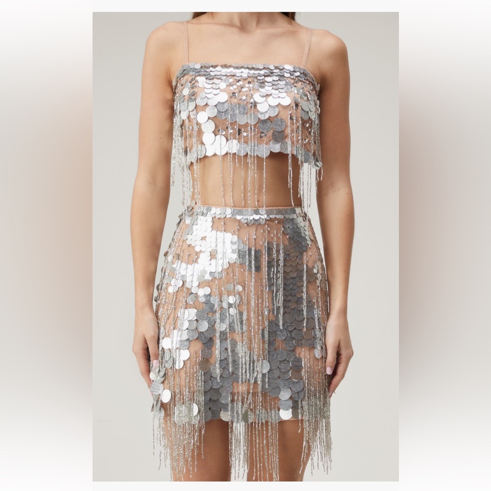 Nasty Gal Silver Sequin Fringe Two-Piece Set